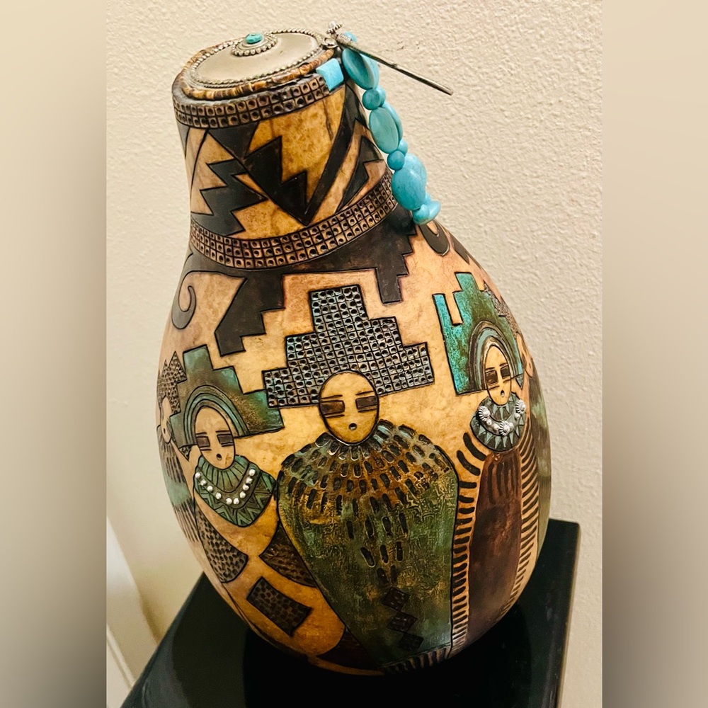 Handcrafted Native American GOURD (Handpainted) with Turquoise Accents